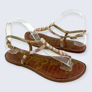 Sam Edelman Gail Beaded Brown Vegan Leather Adjustable Ankle T-Strap Sandal 7